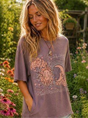 BlueVelvet XL Celestial Sun & Moon Graphic Tee - Mauve Purple Short Sleeve Top